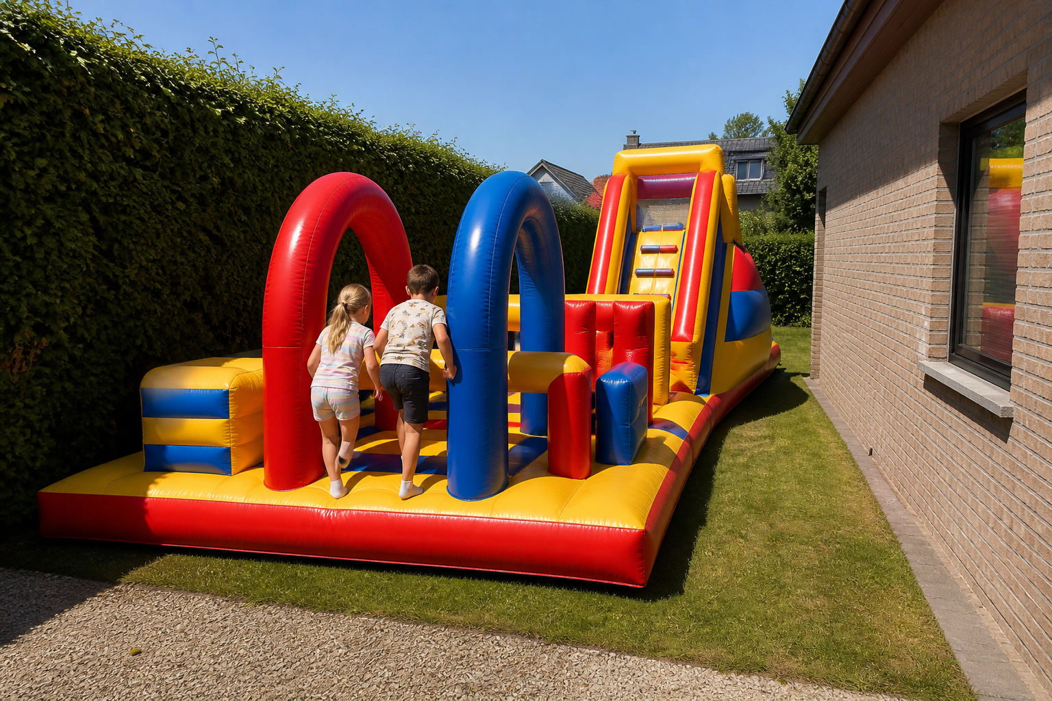 Twee kinderen starten in sokken op de Stormbaan in een smalle zijtuin in Dilsen-Stokkem.