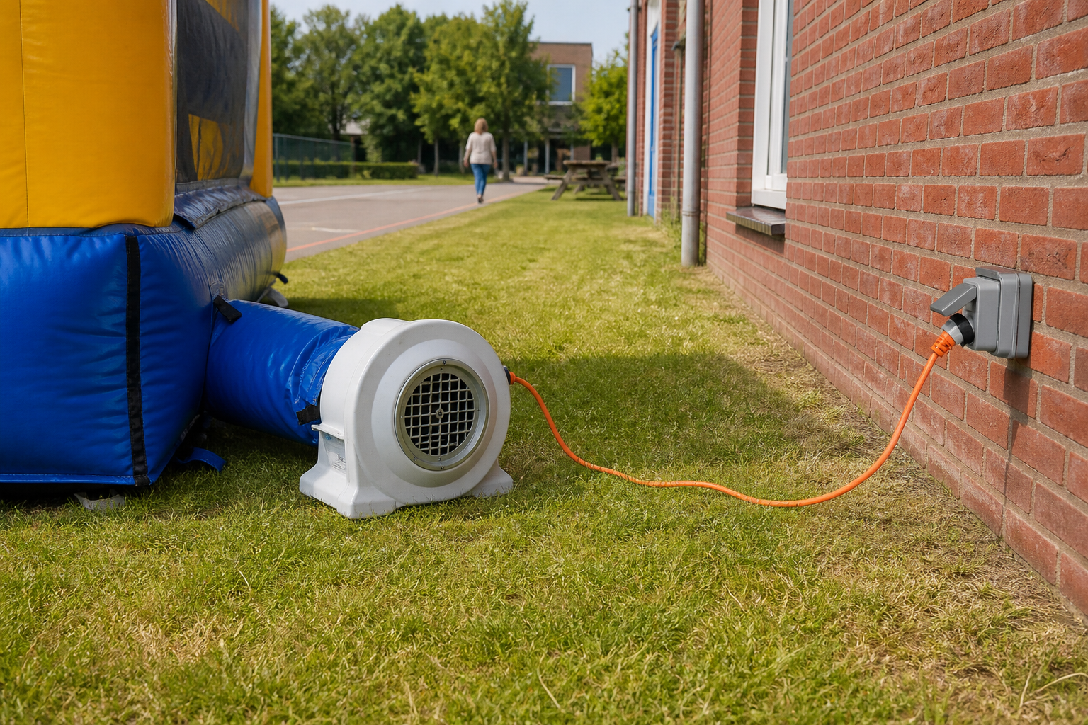 Een vrijstaande blower op het gras, met een kabel naar een buitenstopcontact aan de schoolmuur.