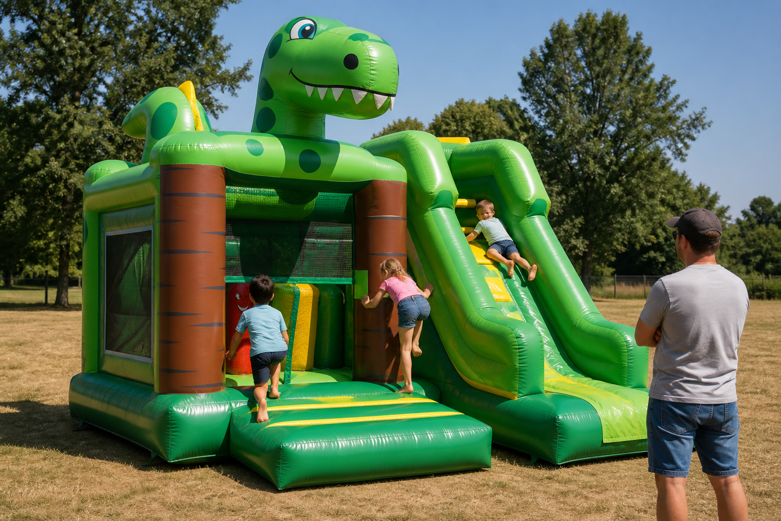 Kinderen spelen zelf op een groen opblaasbaar kasteel terwijl een volwassene op het gras toekijkt.