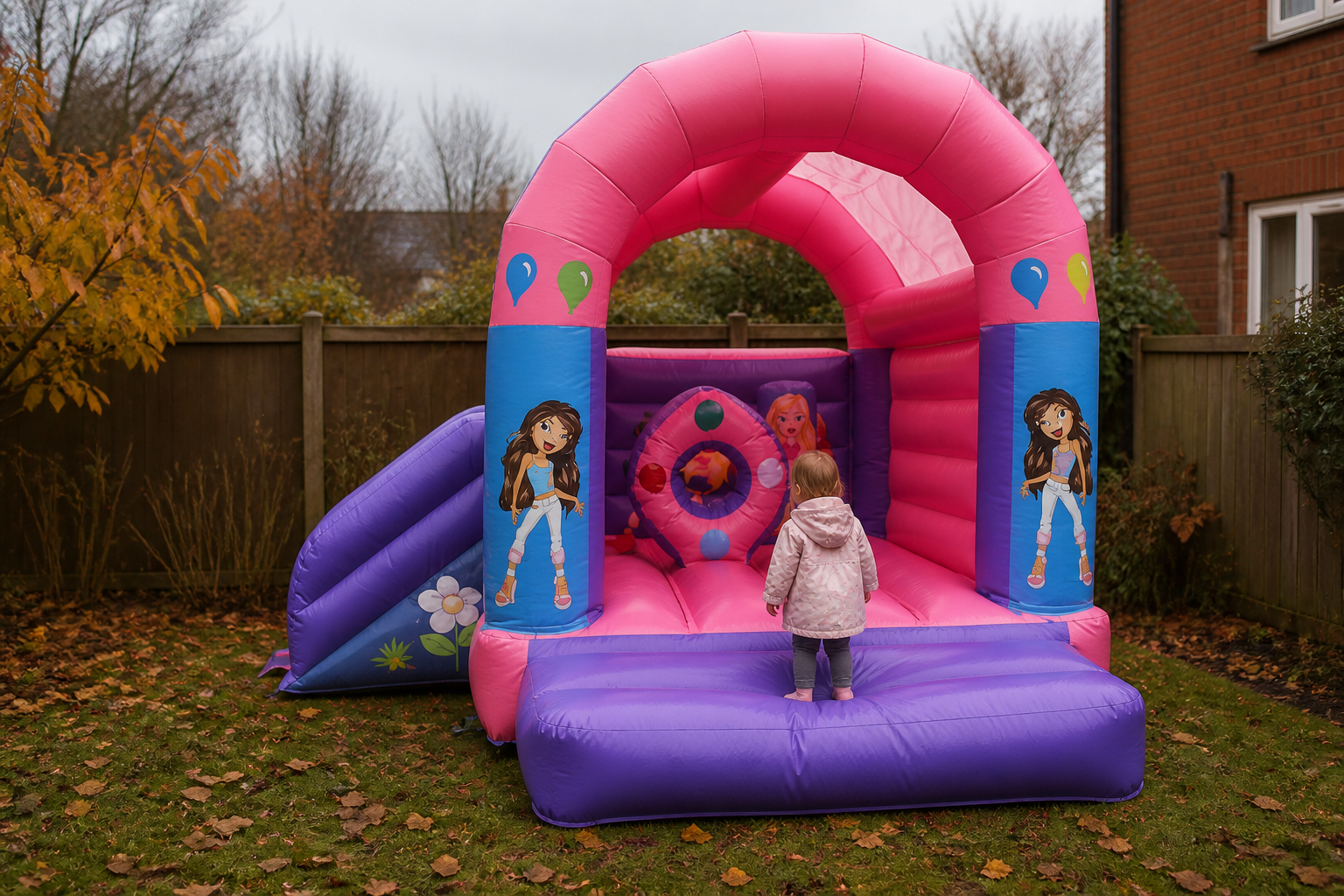 Girl Power staat overdekt in een herfsttuin; een kind in sokken kijkt vanaf het gras naar binnen.