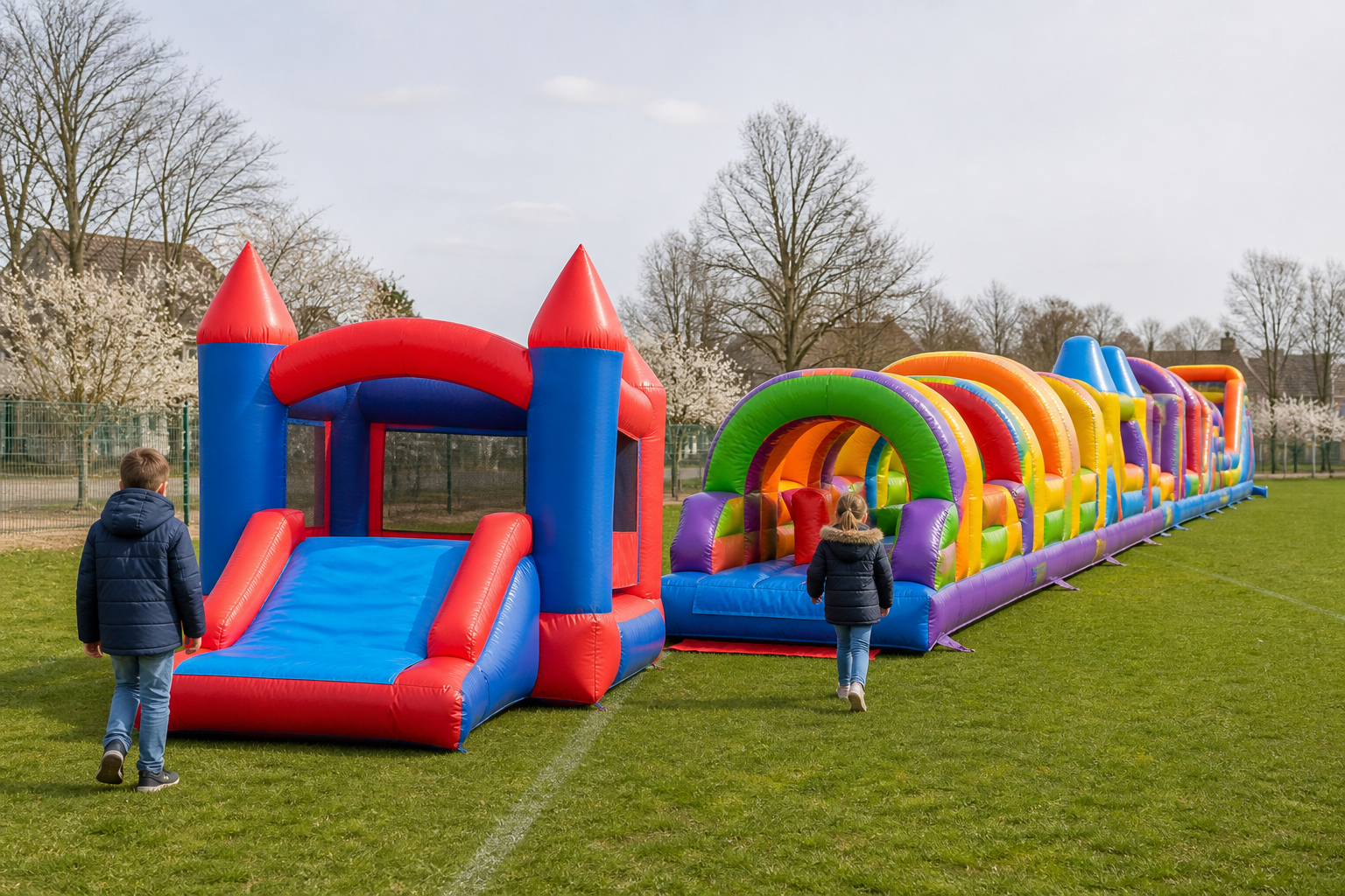 Een compact rood-blauw multiplay naast een lange opblaasbare hindernisbaan op een schoolveld