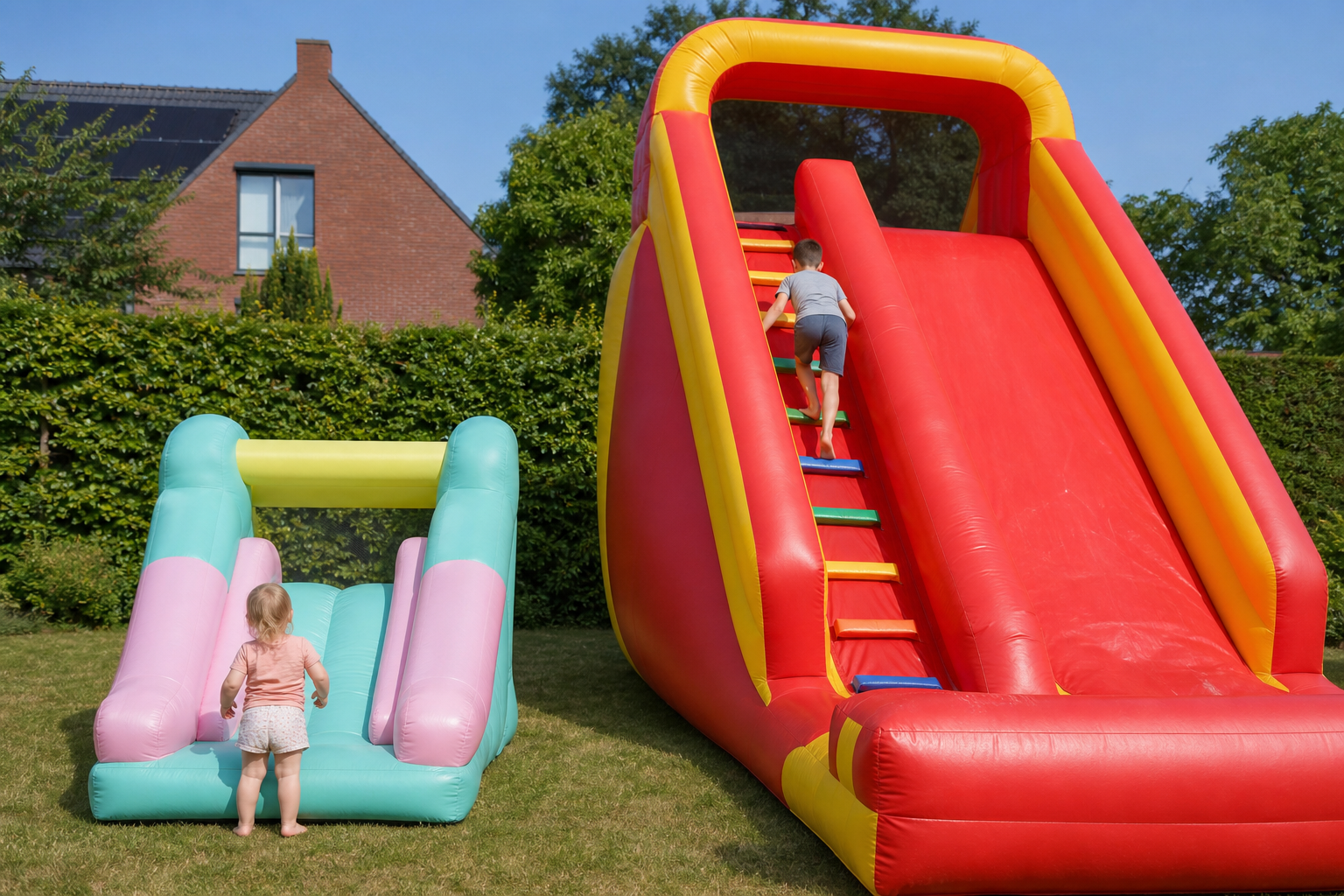 Unicorn met een lagere glijbaan naast de hogere Clownslide in een zomertuin.