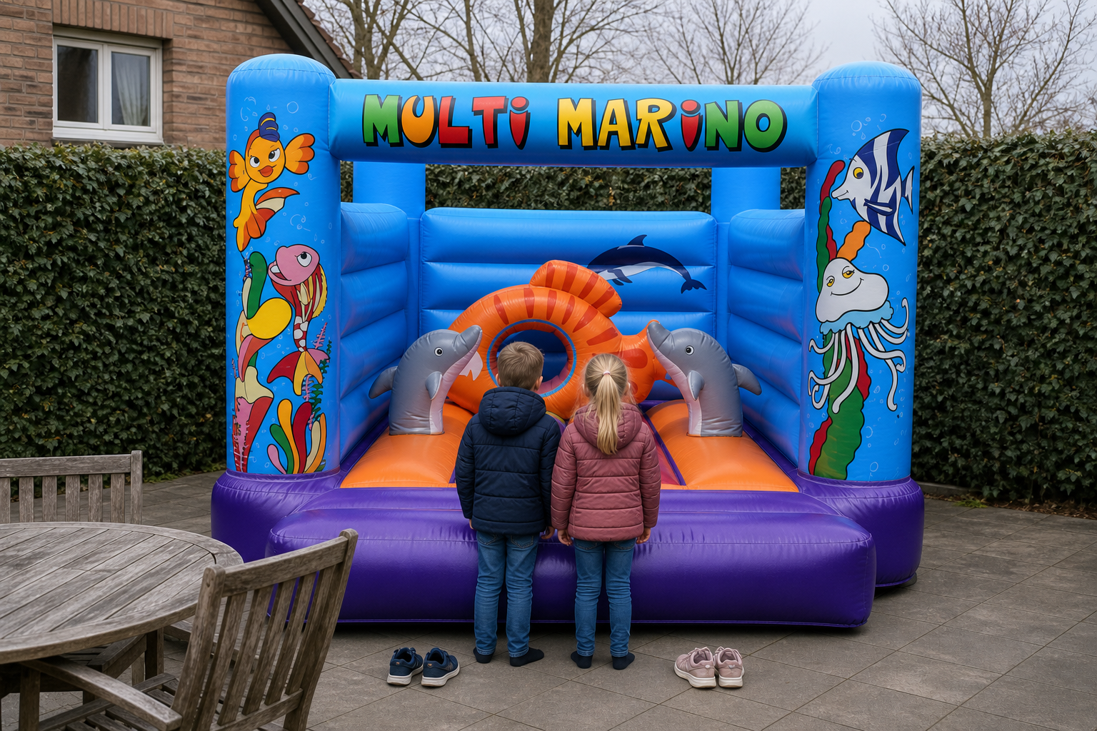 Twee jonge kinderen in winterjassen staan bij Multi Marino naast een tuintafel op een terras, op de echte huurmaat van ongeveer vier bij drie meter.