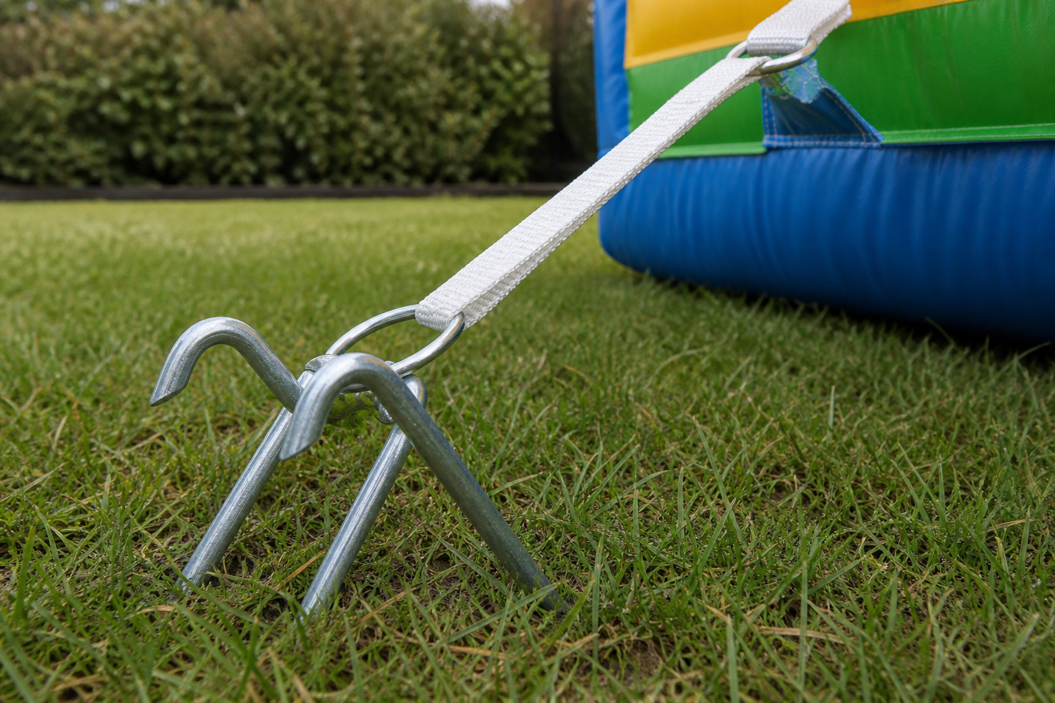 Haringen staan schuin in het gras, met een strakke band naar de hoek van het springkasteel.