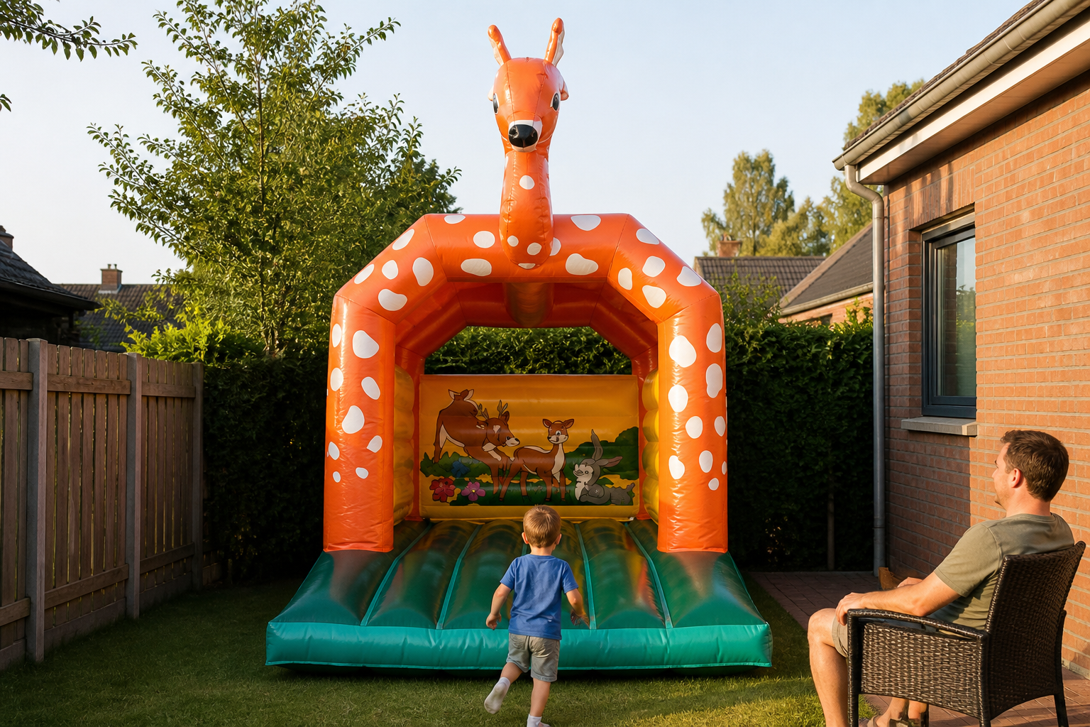 Bambi staat op een smal gazon tussen een schutting en een huis in Eisden, met een kleuter die van achteren naar de ingang loopt.